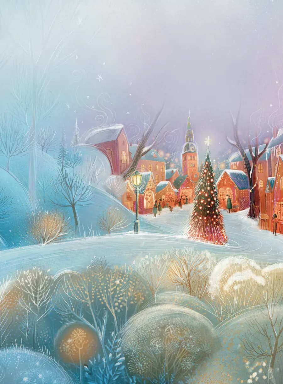 Der verschneite Adventmarkt mit Christbaum