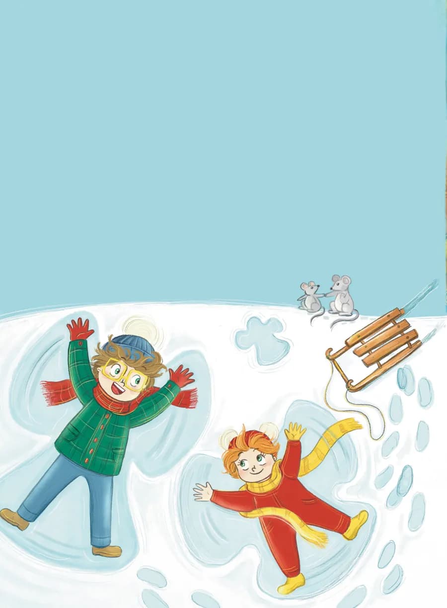 Mia und Finn machen Schneeengel