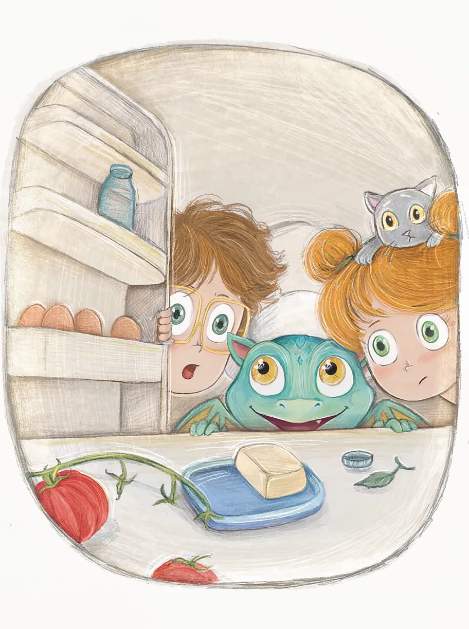 Gustavio und die Kinder entdecken im Kühlschrank die Zutaten zum Kochen